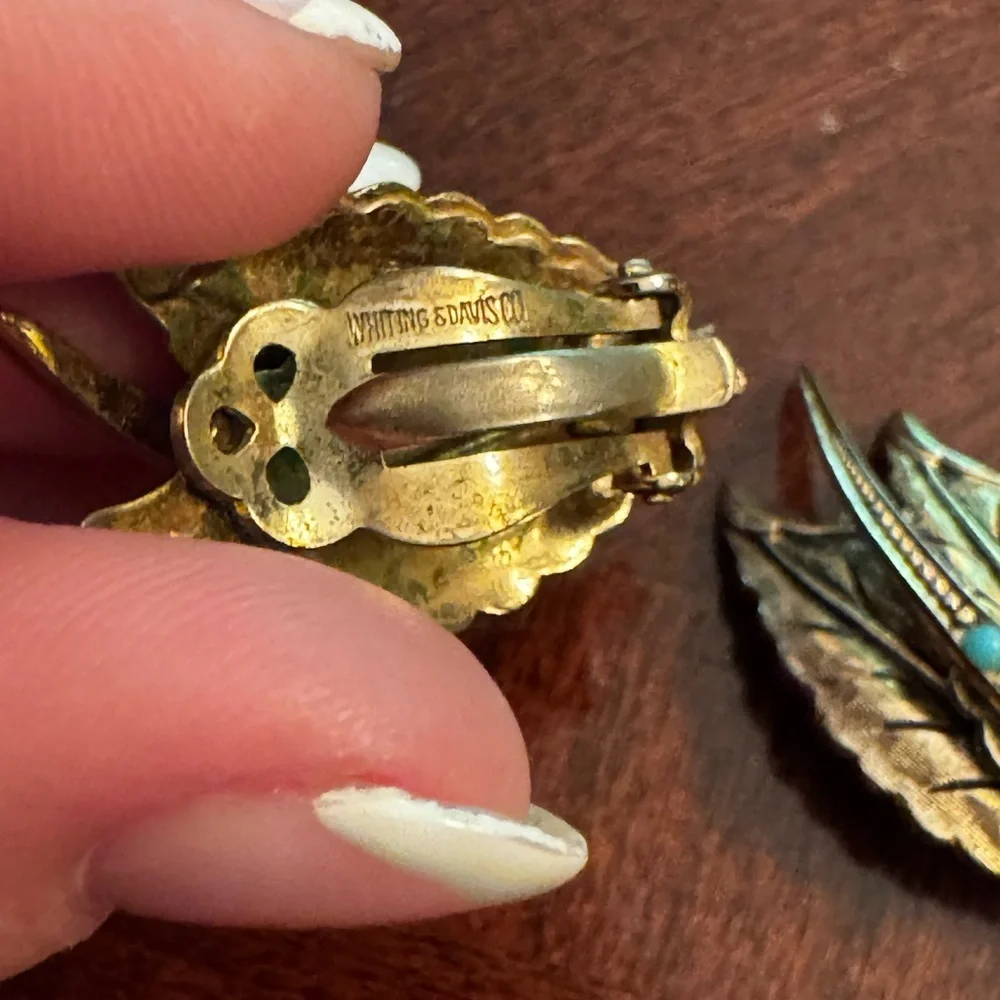 Whiting & Davis Vintage Leaf Design Earrings with Turquoise Accents - Picture 6 of 7